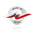 Made in Texas USA. Texas flag ribbon with circle silver ring seal stamp icon. Texas sign label vector isolated on white background