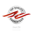 Top quality guaranteed. Red white quality seal stamp icon with ribbon and circle silver ring. Top quality guaranteed sign label vector isolated on white background