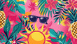 vibrant summer pattern with illustrated fruits and sunglasses on pink background