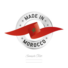 Poster - Made in Morocco. Morocco flag ribbon with circle silver ring seal stamp icon. Morocco sign label vector isolated on white background