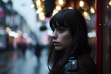 Portrait of a young brunette girl in a city at night