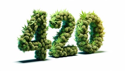 Wall Mural - 420 numbers made from cannabis buds and hemp leaves isolated on white. Weed Day Holiday at April, 20 or Pot Smokers Day. Four Twenty concept of medical marijuana for banner, poster, invitation card