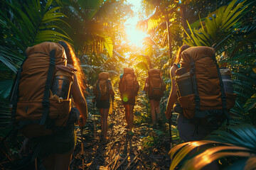 Wall Mural - Friends hiking through a lush forest, breathing in the crisp air and reveling in the freedom of the outdoors. Concept of adventure and exploration. Generative Ai.