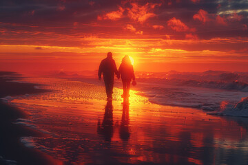 A couple strolling hand in hand along the beach, watching the sunset paint the sky with vibrant hues. Concept of romance and serenity. Generative Ai.