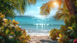 Beautiful tropical beach with palms and flowers. 3d rendering.