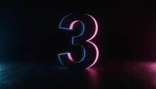 3d Render Abstract Number Three Glowing In The Dark With Pink Blue Neon Light Digital Symbol 3