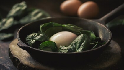 Wall Mural - braised spinach and eggs in an old frying pan generative ai