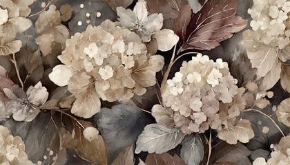 Poster - luxury wallpaper mystical seamless pattern vintage floral background delicate big flowers hydrangea burgundy beige gypsophila gray leaves magic fireflies watercolor 3d illustration texture