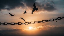 Peace And Freedom Concept Silhouette Of Flying Birds And Broken Chain On Beautiful Sky Sunset Background
