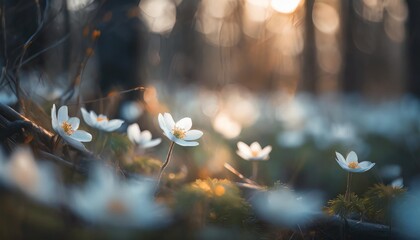 Sticker - beautiful white flowers of anemones in spring in a forest close up in sunlight in nature spring forest landscape with flowering primroses