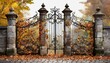closed forged gates braided with autumn leaves png file of isolated cutout object on transparent background