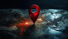 Minimalistic Red Location Pin On A Dark Map Background