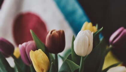 Wall Mural - beautiful multi colored tulips on the background of the flag of japan close up