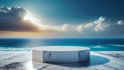 Wall Mural - white marble podium with ocean sky background created with generative ai technology