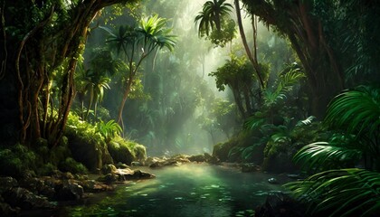 Wall Mural - landscape illustration fantasy tropical nature forest environment with scenic green foliage digital art 3d environment