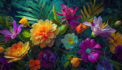 Poster - summer beautiful fantasy vintage wallpaper all tropical botanical flowers bunch vintage motif for floral alcohal ink background generative ai