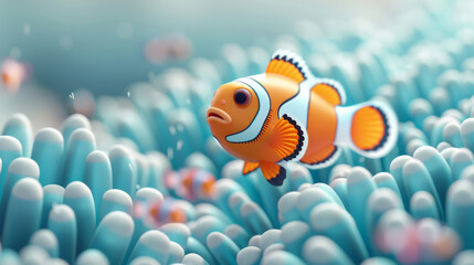 Wall Mural - A vivid orange clownfish glides through the turquoise waters of a bustling coral reef ecosystem.