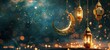 Ramadan Islamic greeting card of crescent moon decoration and lanterns with copy space area banner