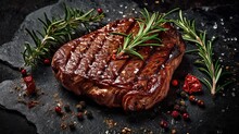 Grilled Rib Eye Steak With Red Wine Herbs And Spices On Stone Table Generative AI