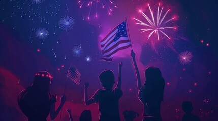 People holding USA flag, city fireworks backdrop, July 4 - USA Independence Day