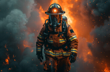 Generate a striking photo of a firefighter in full uniform against the backdrop of flames.  firefighter as a hero bravely facing the flames to protect lives and property, Generative AI.