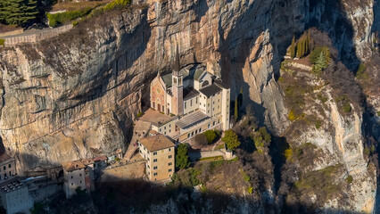 Medieval church Santuario Basilica Madonna della Corona on the cliffs Verona, Italy