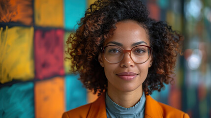 Wall Mural - A woman with curly hair and glasses is smiling at the camera. AI-Generated
