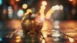 Golden Piggy Bank on Wet Street with Reflection and Bokeh Lights