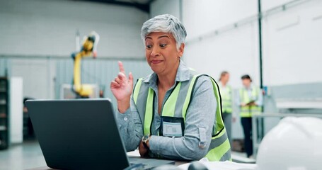 Poster - Mature, woman and factory worker with laptop, manufacturing business with thinking employee and solution. Technology, industrial company and reflective vest for safety in engineering warehouse