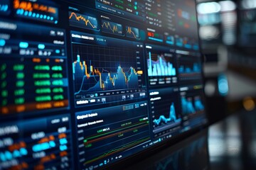 Poster - A sleek financial monitor showcasing diverse investment visuals and market diagrams on a desktop screen. The backdrop features a digital portrayal of worldwide financial sectors in vivid colors.