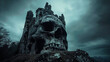 scary skull castle on the hill , abandoned evil castle, fantasy art, full of fog