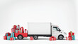 Truck loaded with gifts delivering present on white background. Shipping service and celebration concept. 3D view with empty white space on the right