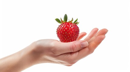 Wall Mural - Person holding strawberry on white background