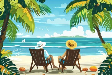 Wall Mural - Retired couple relaxing on sun loungers during tropical beach vacation, lifestyle illustration