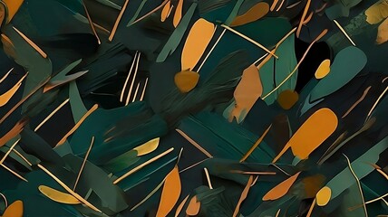 Wall Mural - Dark green background, seamless pattern of small brown and yellow brush strokes in an abstract geometric style