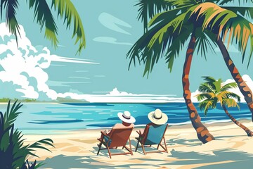 Wall Mural - Retired couple relaxing on sun loungers during tropical beach vacation, lifestyle illustration