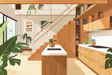 Wall Mural - Sustainable midcentury modern interior with wooden staircase, kitchen island, and plants, architectural illustration