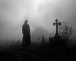 Gothic Grim Figure Stands Silently at Edge of Misty Cemetery Landscape with Ominous Cross