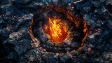 Fototapeta  - a campfire surrounded by rough, dark rocks. 