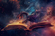 Dragon coming out of a book, cosmic creature in a galaxy for readers of paper fantasy adventures