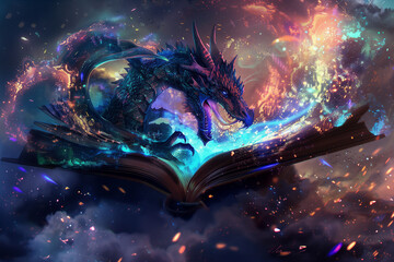 Wall Mural - Dragon coming out of a book, powerful magical creature out of a fantasy story for young readers