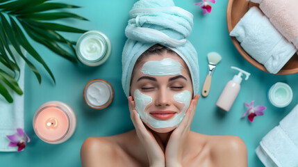 A woman with a facial mask on her face doing a spa and beauty treatment in the salon, top view, flat lay, copy space concept banner for cosmetic products background