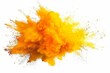 Bright yellow and orange Holi powder paint explosion burst for industrial print design, isolated on white