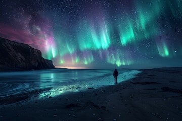 Canvas Print - A person stands on a beach at night, looking out at the ocean