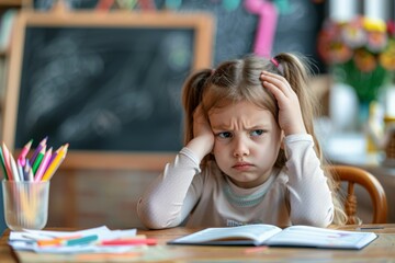 Wall Mural - A little girl is sitting at a desk with a book in front of her