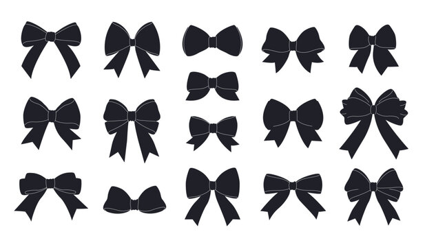 Black bowknot collection. isolated silhouettes of gift bows on a white background. These festive vector illustrations can be used for decoration, celebrations, weddings, and party designs.