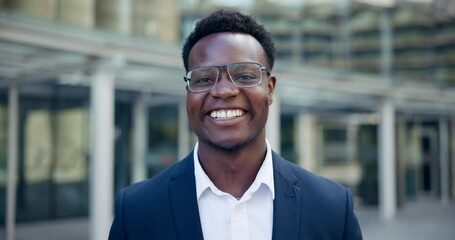Poster - Businessman, face or laughing outdoor in city with confidence for new job or startup corporate career. African professional, employee or glasses for morning commute, finance intern or journey to work