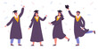 Students in gowns with diplomas, celebration, achievement of a scientific degree, graduation. Vector design concept for landing page, website, banner, print. Flat vector illustration set. 