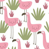 Fototapeta Dinusie - Seamless pattern with cute cartoon flamingos. hand drawing. Flat colorful vector. animal theme. design for fabric, textile, print, wrapper