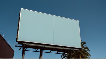 Low angle view of a billboard against a clear blue sky. advertising.OOH.｜屋外看板、広告